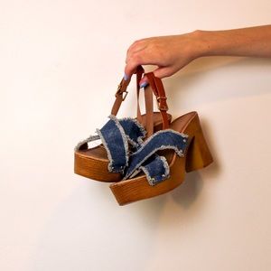 denim fringe block heels